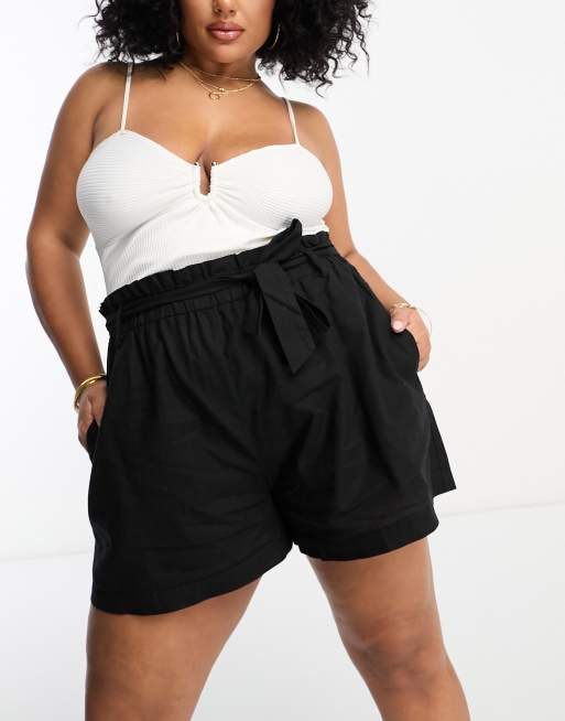 ASOS DESIGN Curve - Sorte shorts med hør og bindebånd i taljen