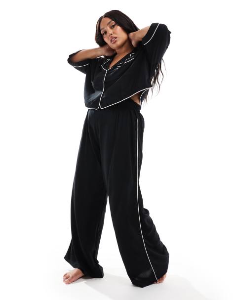 ASOS DESIGN Curve - Sorte stramme og superbløde pyjamasbukser med vide ben samt bånd i kontrastfarve - view 1
