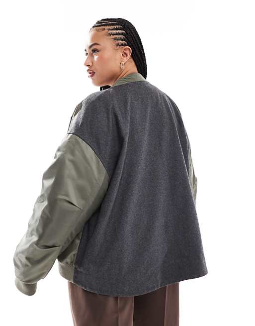 ASOS DESIGN Curve spliced bomber jacket in khaki and gray | ASOS ASOS DESIGN Curve spliced bomber jacket in khaki and gray | ASOS