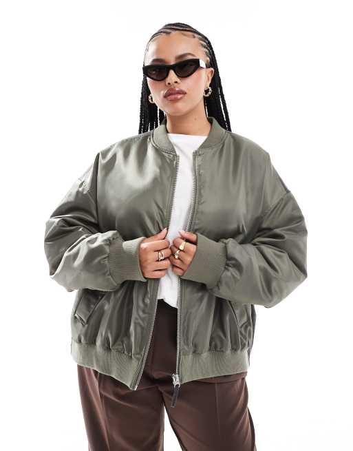 ASOS DESIGN Curve spliced bomber jacket in khaki and gray | ASOS