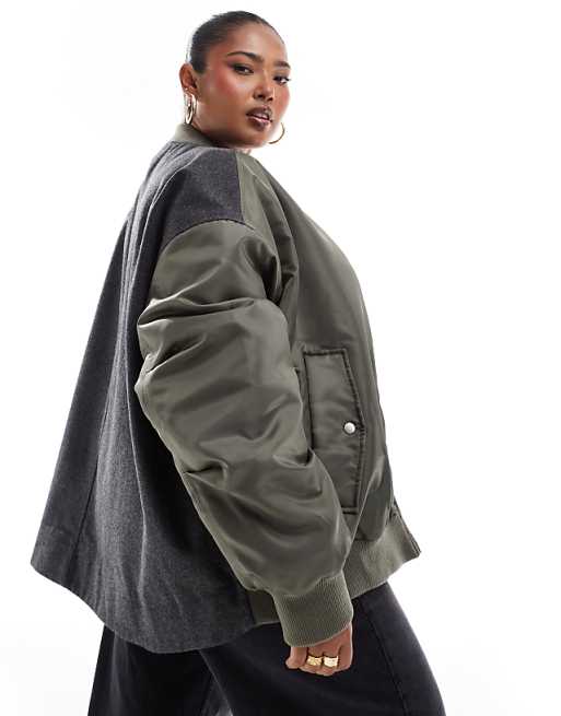 ASOS DESIGN Curve spliced bomber jacket in khaki and gray | ASOS ASOS DESIGN Curve spliced bomber jacket in khaki and gray | ASOS