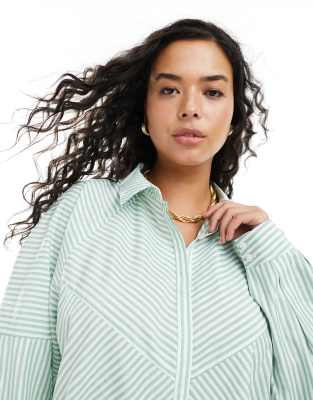 ASOS DESIGN Curve spliced detail volume shoulder shirt in green stripe-Multi