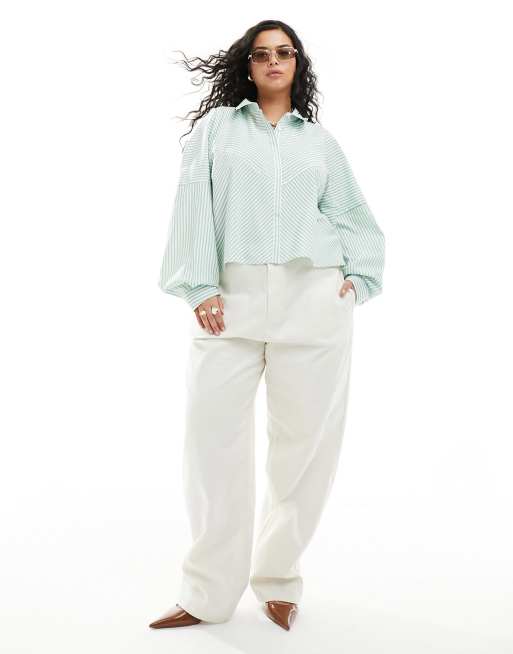 ASOS DESIGN Curve spliced detail volume shoulder shirt in green stripe, 3 of 4