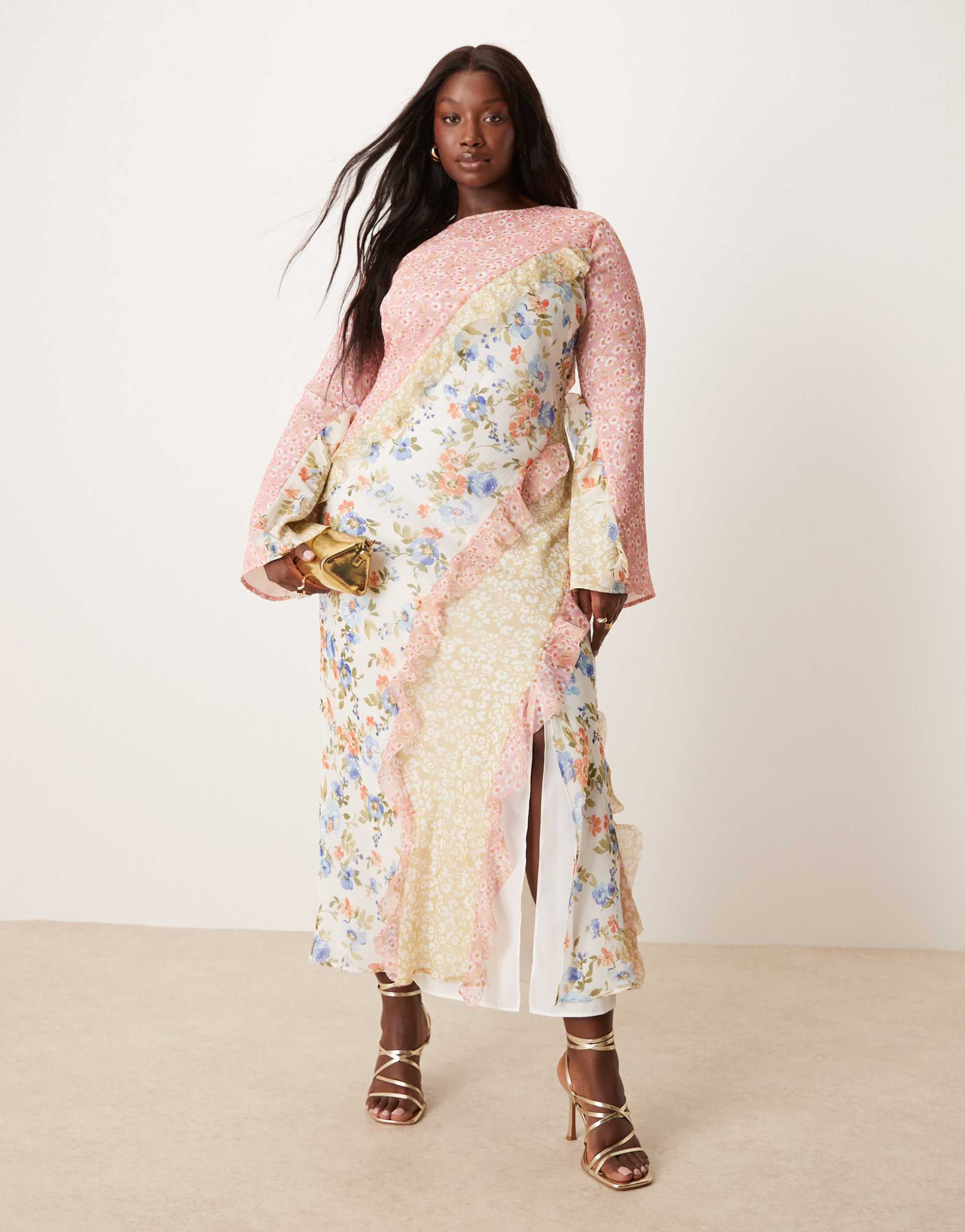 asos design curve spliced frill seam detail maxi dress in pretty floral