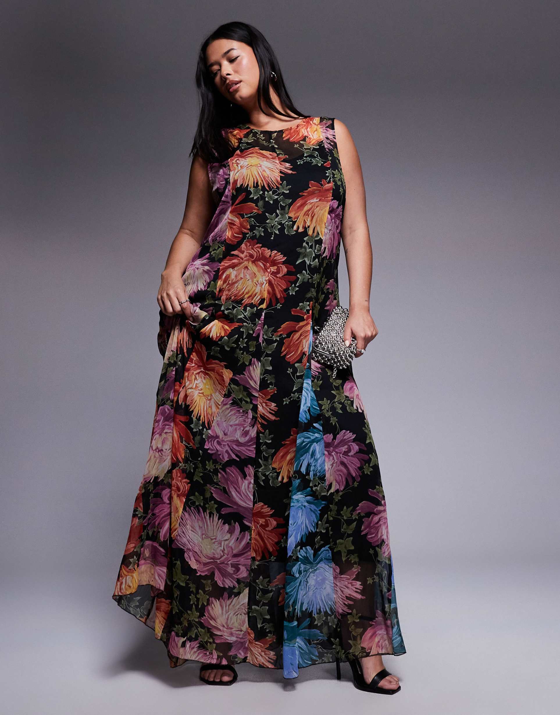 asos design curve spliced maxi dress with godet hem in floral print