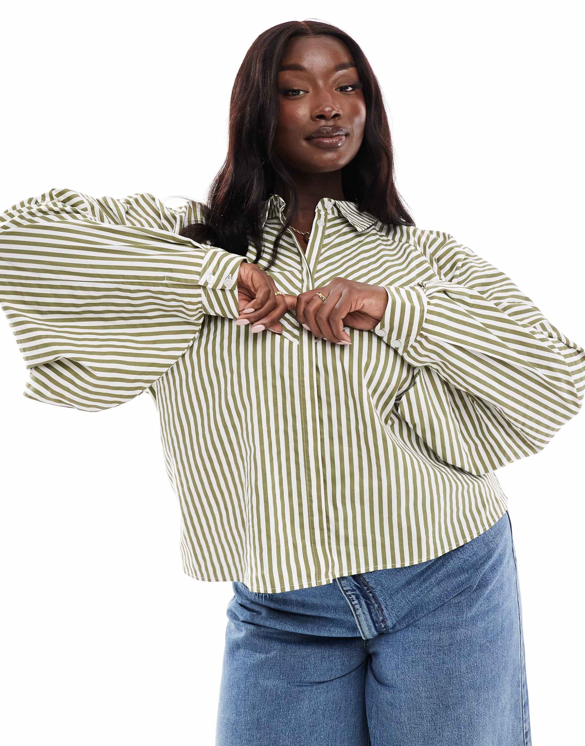 asos design curve spliced volume shirt in olive & white