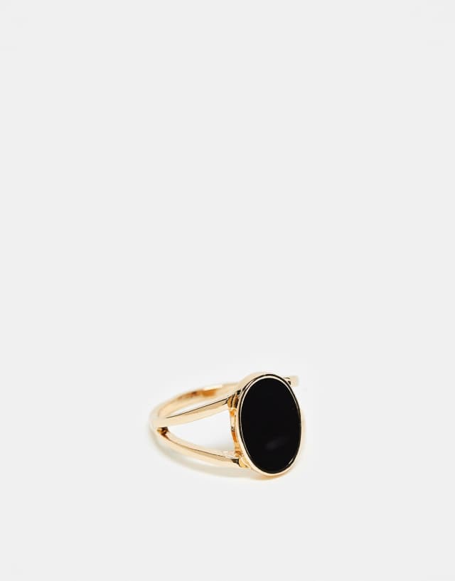 ASOS DESIGN Curve split band ring with black enamel design in gold tone