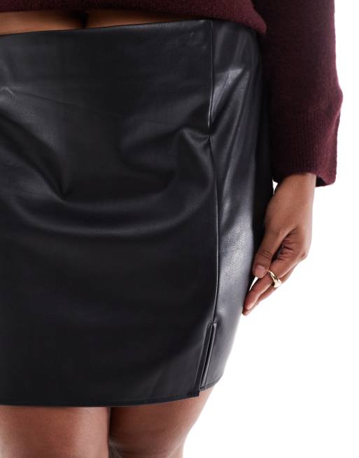 ASOS DESIGN Curve split front leather look mini skirt in black