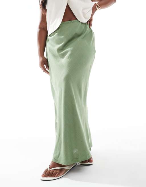 ASOS DESIGN Curve – Spódnica maxi ze skosu z domieszką lnu w kolorze khaki, 2 z 5