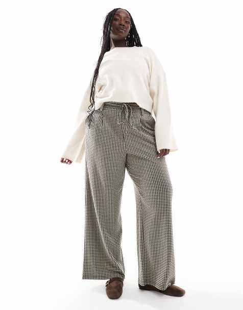 ASOS DESIGN Curve tie belt wide leg trousers in micro dogtooth check