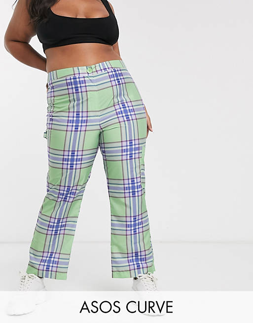 ASOS DESIGN Curve – Spodnie z rozszerzanymi nogawkami z materiału wierzchniego w kratę w stylu lat 90.