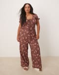 [ASOS Curve] ASOS DESIGN Curve spun lace trim corset waist jumpsuit in mauve floral print-Multi 22 Mauve floral print