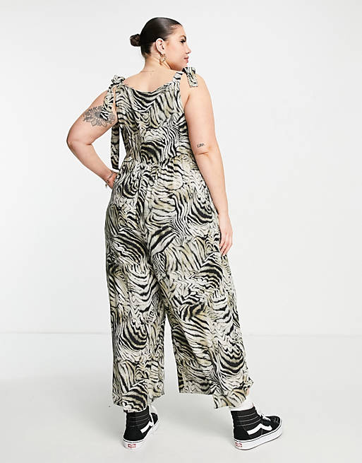 Curve spun tie shoulder button front overalls in animal print Asos Women Clothing Dungarees 