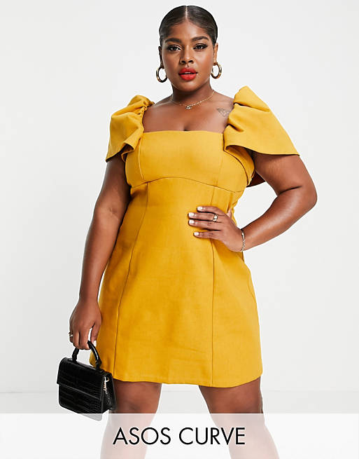  Curve square neck bonded linen ruched sleeve mini dress in mustard 