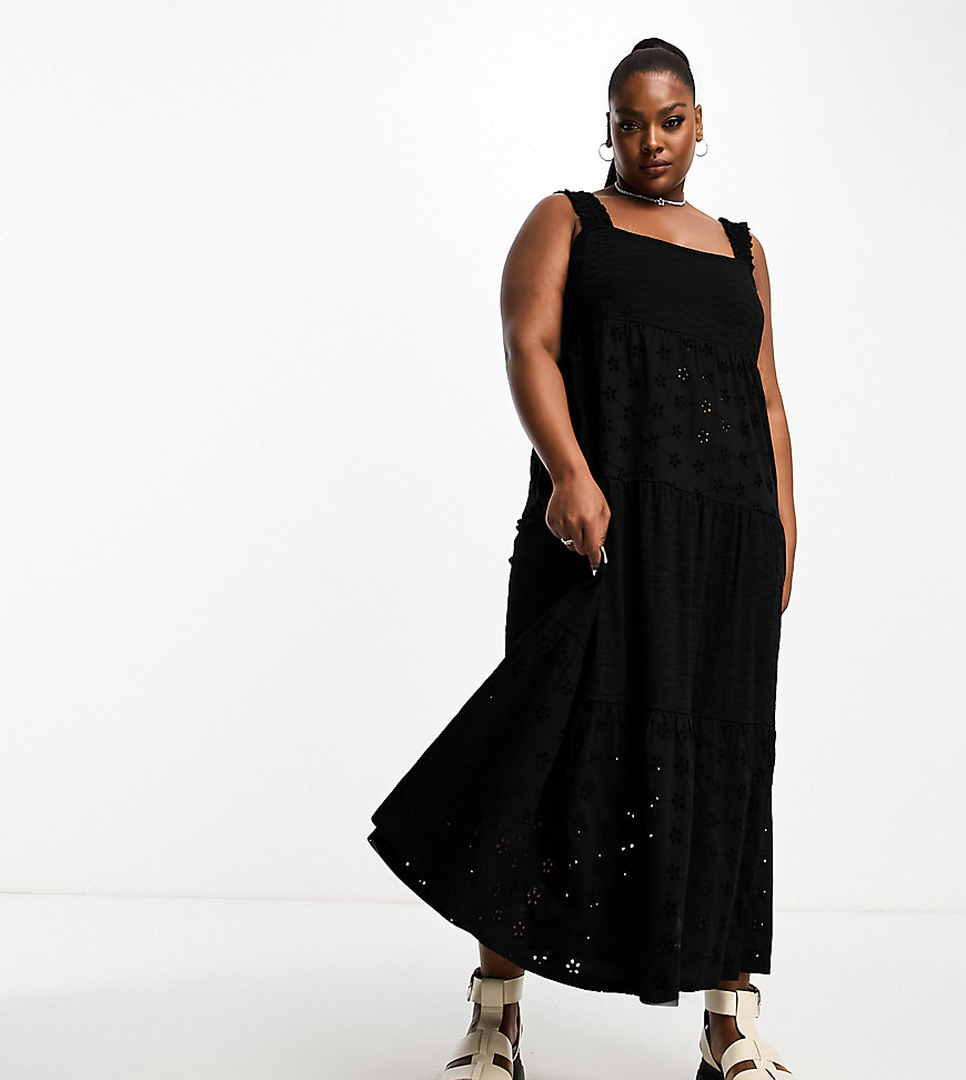 ASOS DESIGN Curve square neck broderie tiered maxi dress in black