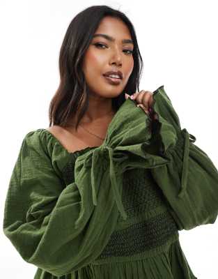 Asos Curve Asos Design Curve Square Neck Contrast Stitching Smock Top In Green