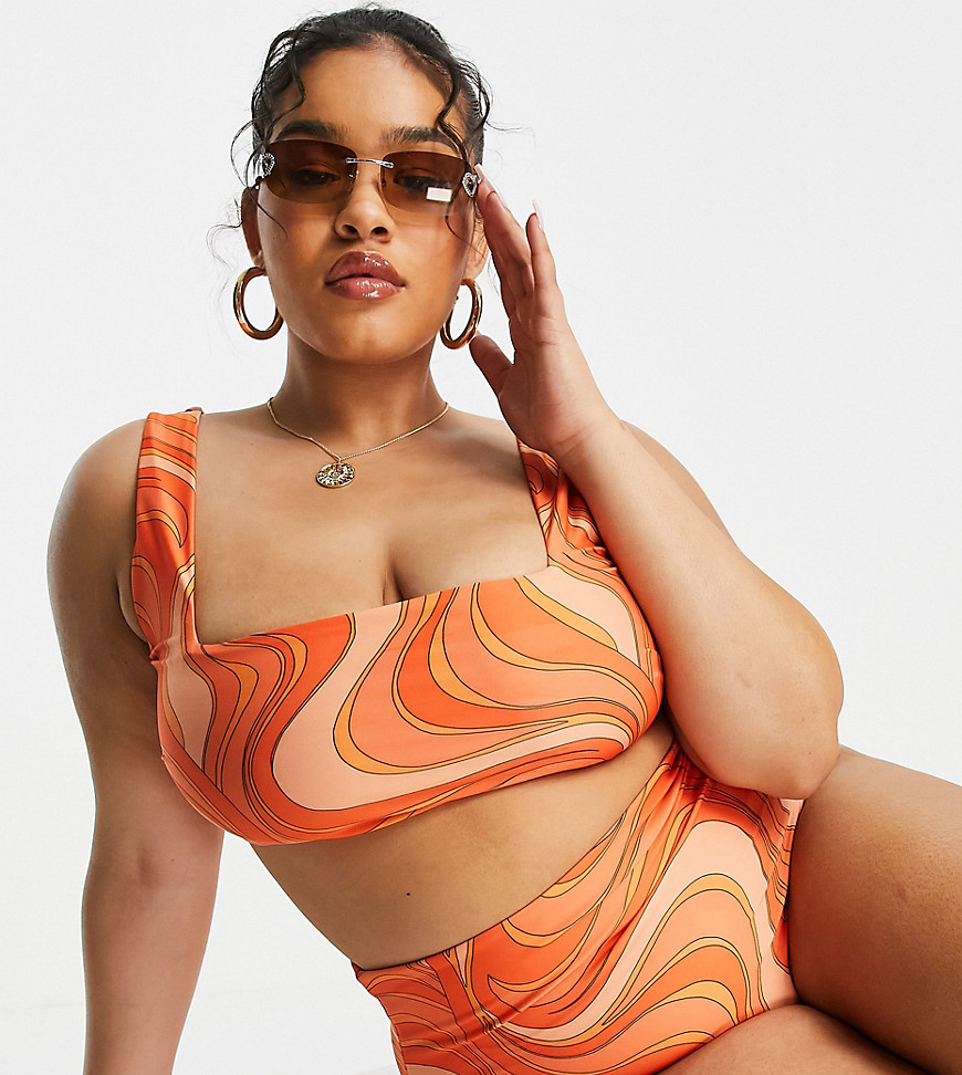 ASOS DESIGN curve square neck crop bikini top in swirl print-Multi
