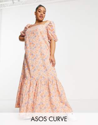 Asos Curve Asos Design Curve Square Neck Cross Back Maxi Dress In Orange Daisy Gingham-multi