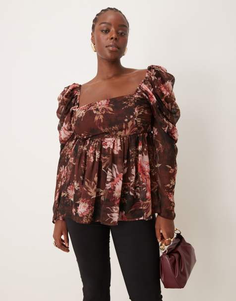 ASOS DESIGN Curve square neck floaty chiffon long sleeve top in floral print - view 1
