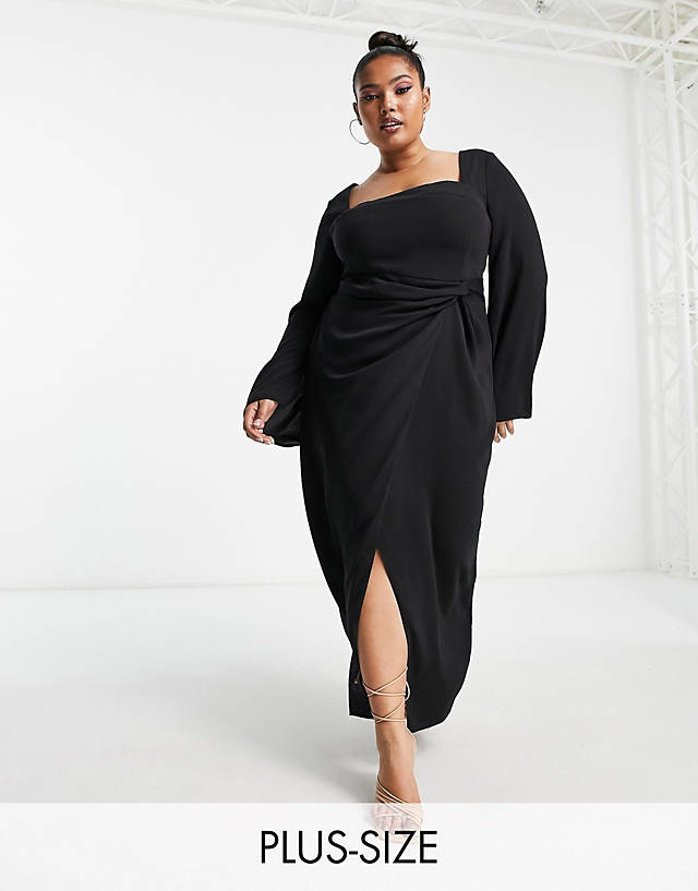 ASOS DESIGN Curve square neck fluted sleeve knot detail midi dress in black