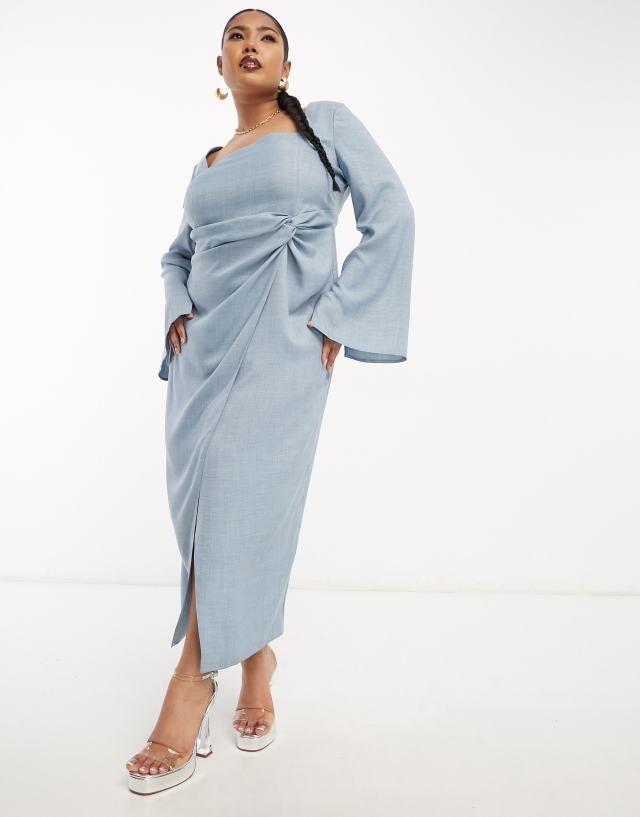 ASOS DESIGN Curve square neck fluted sleeve knot detail midi dress in denim blue