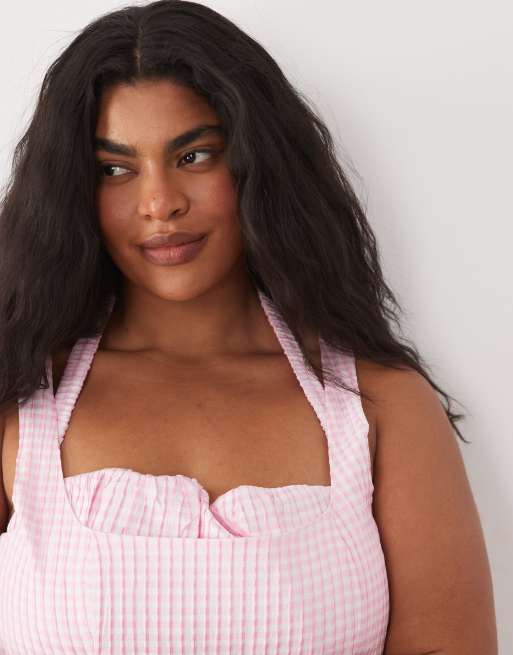 ASOS DESIGN Curve square neck maxi sundress with peekaboo bust in pink gingham , 3 of 4