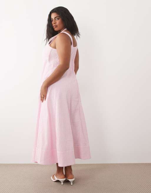 ASOS DESIGN Curve square neck maxi sundress with peekaboo bust in pink gingham , 4 of 4