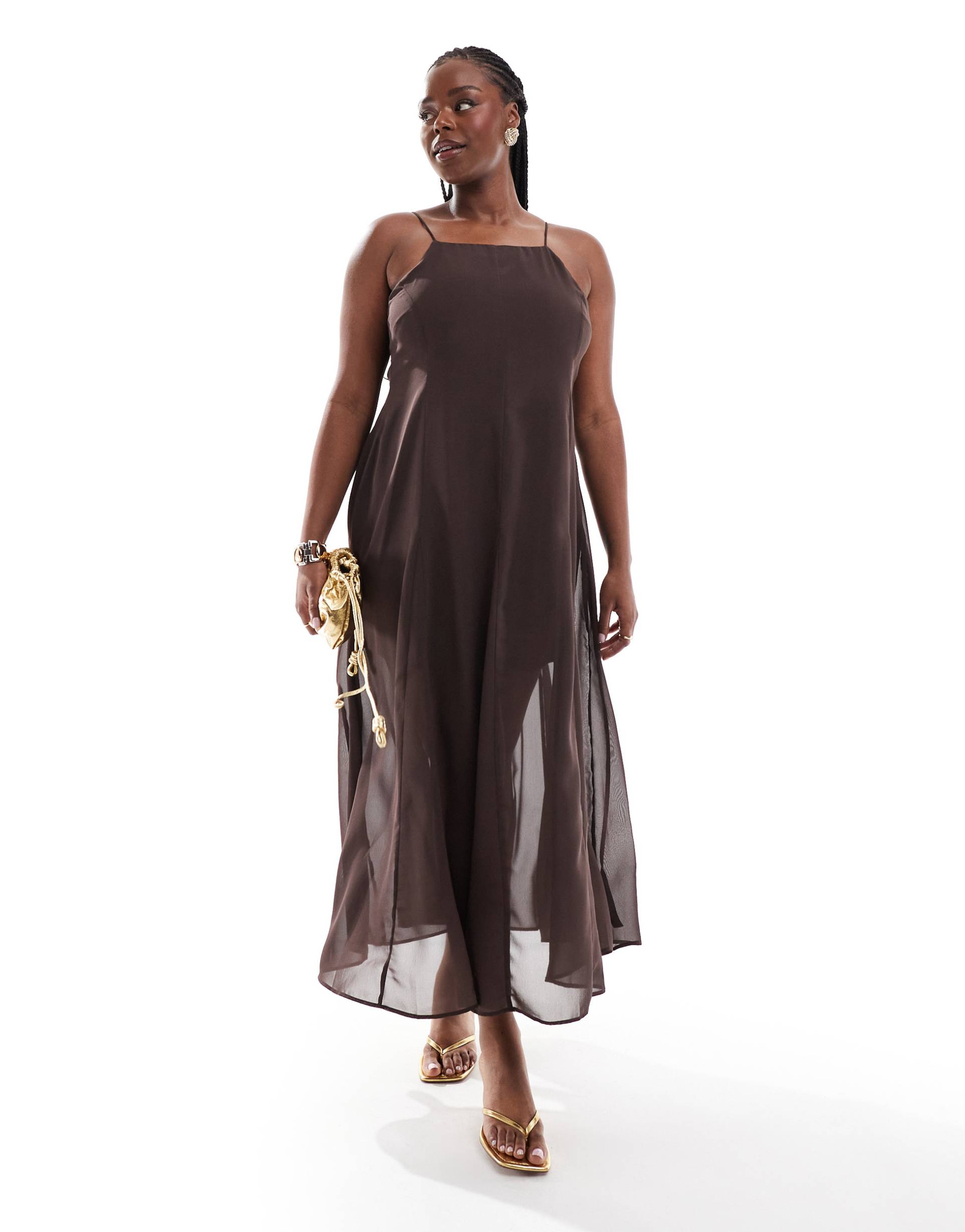 asos design curve square neck midi dress with godets in chocolate