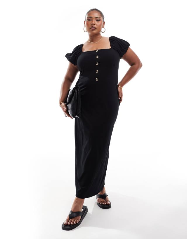 ASOS Curve - ASOS DESIGN Curve square neck midi dress with puff sleeve and button front in black