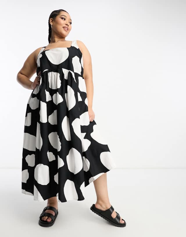 ASOS DESIGN Curve square neck midi smock sundress in large monochrome abstract dot