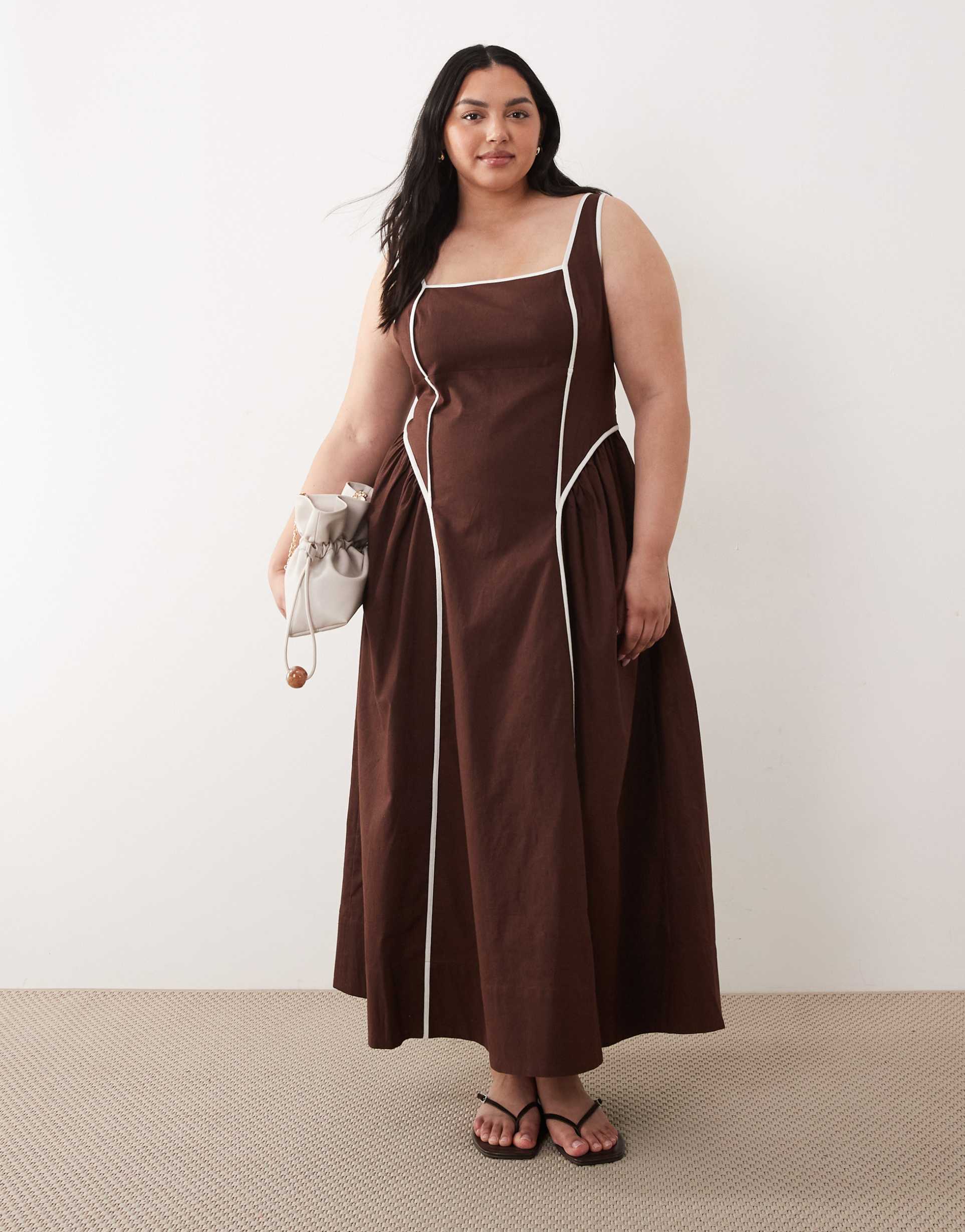 asos design curve square neck midi sundress with sculpted bust and contrast piping in chocolate