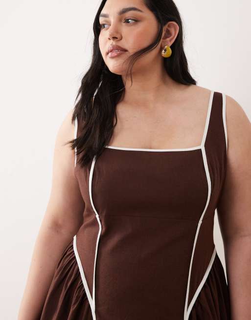 ASOS DESIGN Curve square neck midi sundress with sculpted bust and contrast piping in chocolate, 4 of 4