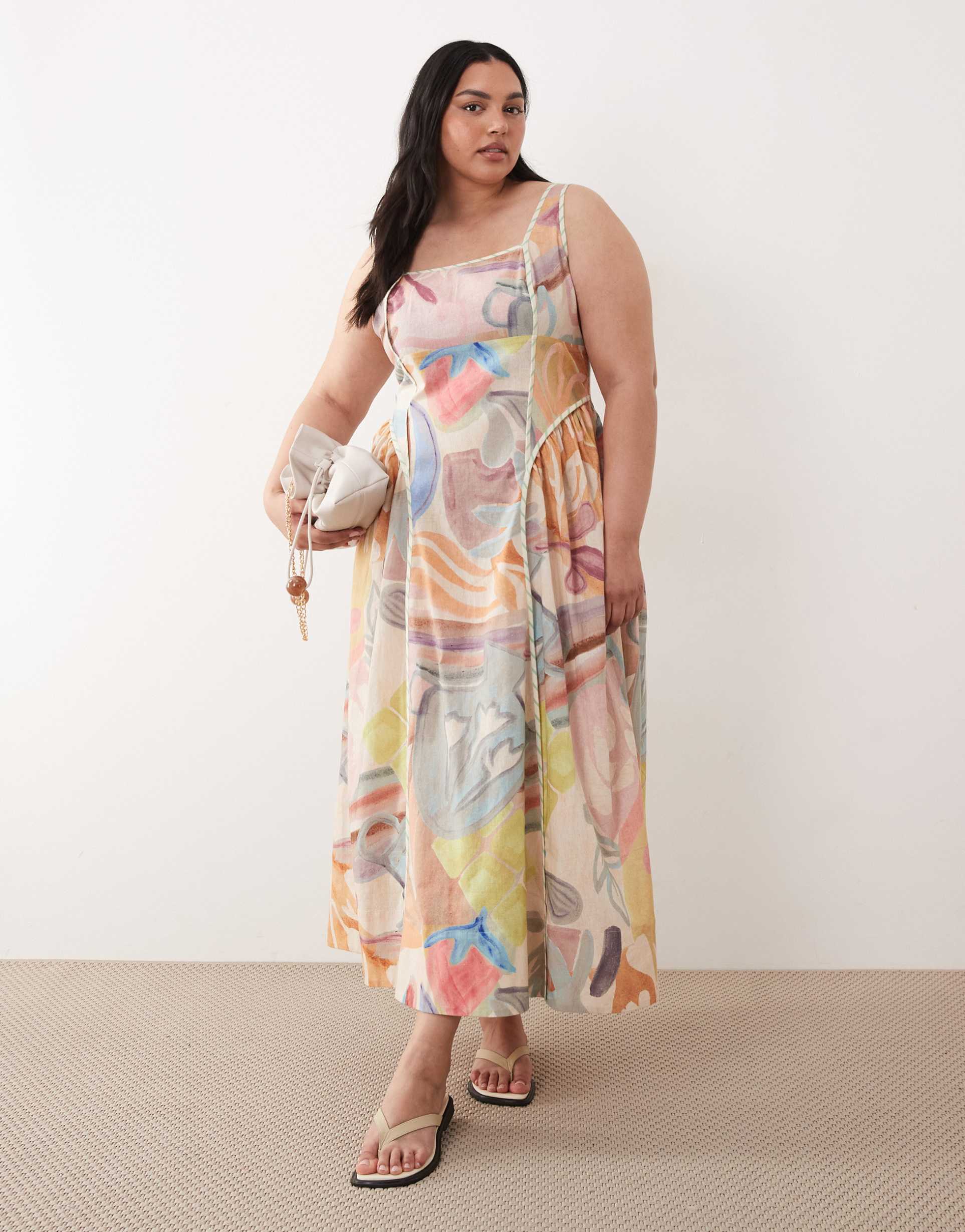asos design curve square neck midi sundress with sculpted bust and contrast piping in print