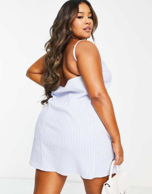 ASOS DESIGN Curve square neck mini slip sundress in blue stripe