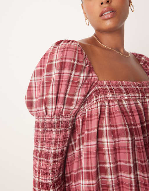 ASOS DESIGN Curve square neck mixed shirred babydoll mini dress in check, 2 of 4