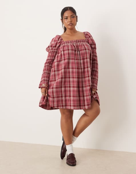 ASOS DESIGN Curve square neck mixed shirred babydoll mini dress in plaid - view 1
