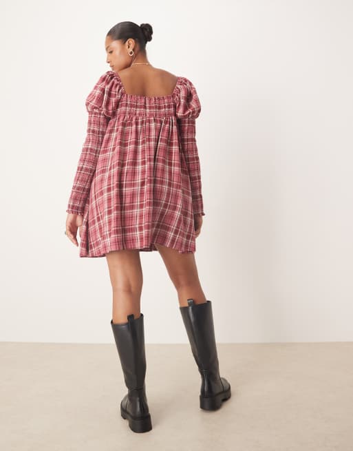 ASOS DESIGN Curve square neck mixed shirred babydoll mini dress in plaid