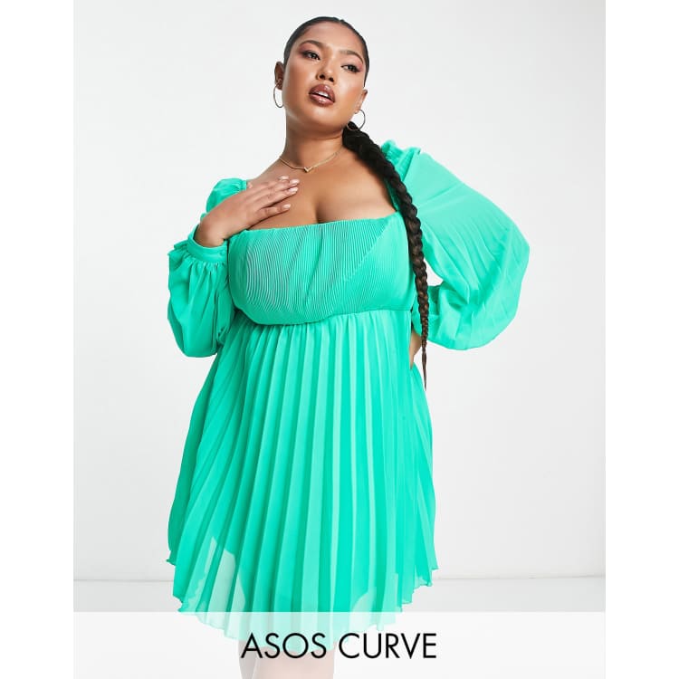 ASOS DESIGN Curve square neck pleated mini skater dress in emerald green