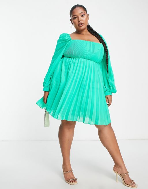 ASOS DESIGN Curve square neck pleated mini skater dress in emerald green