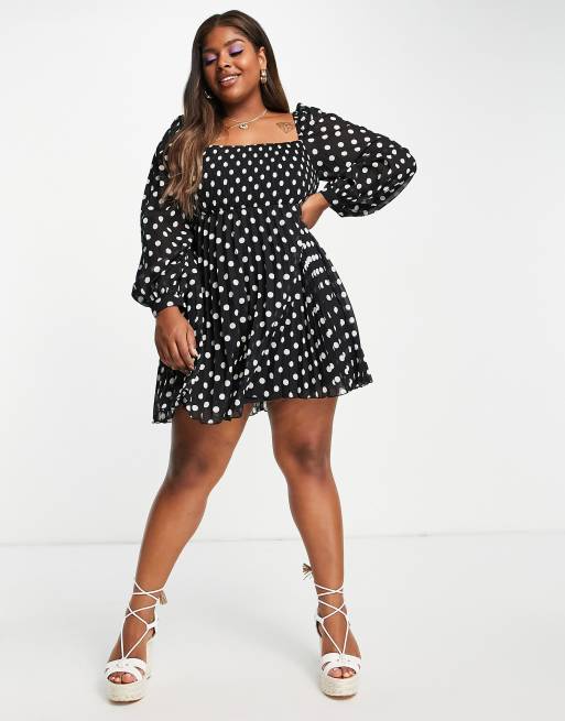 asos square neck skater dress ASOS DESIGN Curve square neck pleated mini skater dress in mono spot print