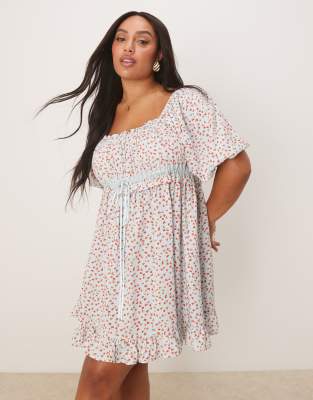 ASOS DESIGN Curve square neck puff sleeve mini smock dress in blue ditsy print-Multi