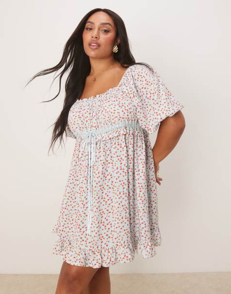 ASOS DESIGN Curve square neck puff sleeve mini smock dress in blue ditsy print - view 1