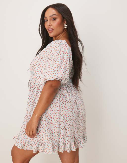 ASOS DESIGN Curve square neck puff sleeve mini smock dress in blue ditsy print