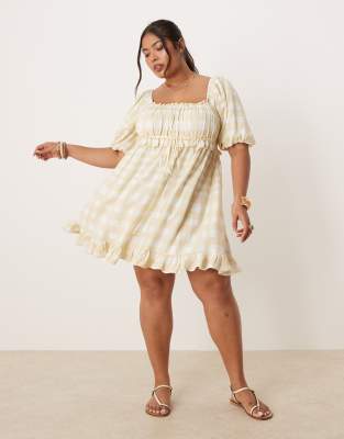 ASOS DESIGN Curve square neck puff sleeve mini smock dress in green plaid print - view 1