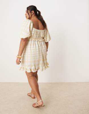 ASOS DESIGN Curve square neck puff sleeve mini smock dress in green plaid print