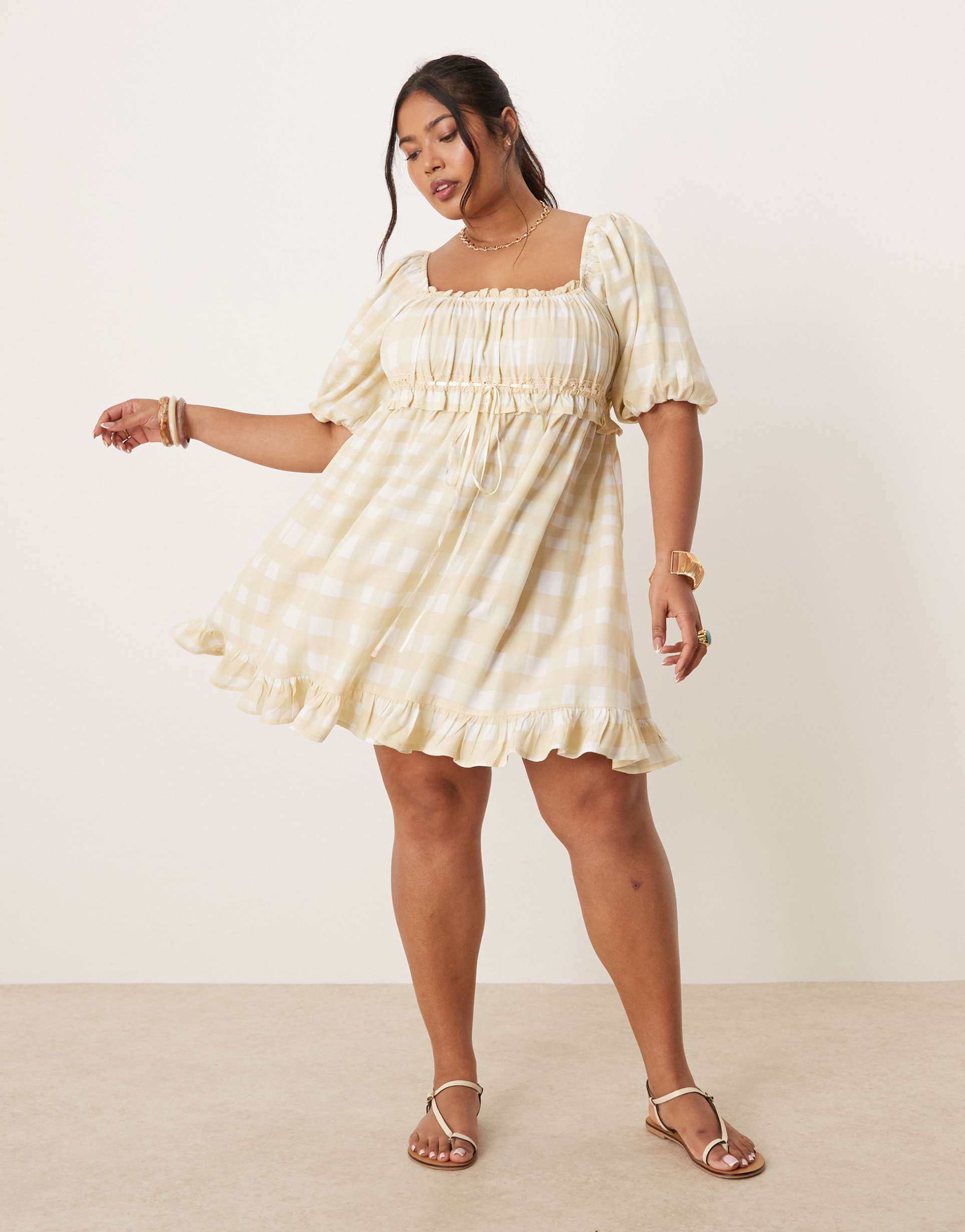 asos design curve square neck puff sleeve mini smock dress in yellow check print
