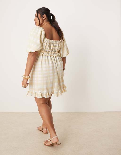 ASOS DESIGN Curve square neck puff sleeve mini smock dress in green plaid print