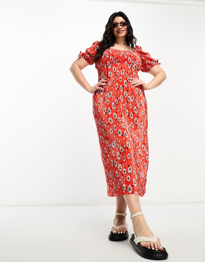 ASOS DESIGN Curve square neck puff sleeve plisse midi dress in red daisy