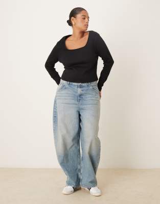 Asos Curve Asos Design Curve Square Neck Ribbed Long Sleeve Top In Black