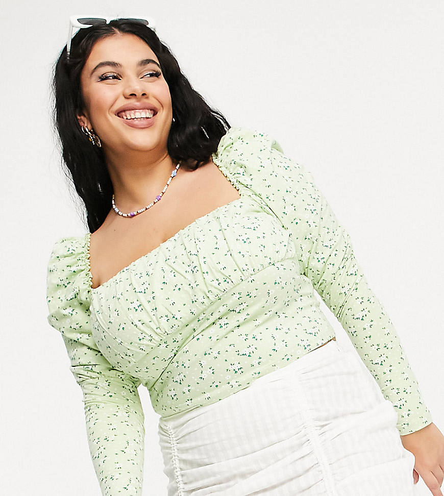 ASOS DESIGN CURVE square neck ruched bust long sleeve top in floral-Multi
